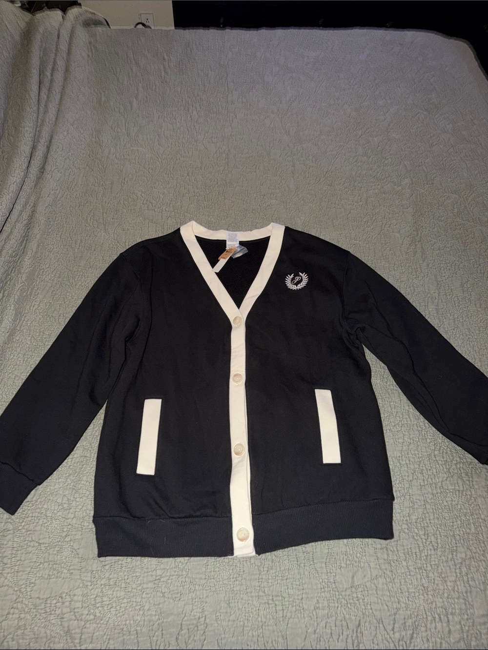 PINK Victoria's Secret Black Cardigan with White Trim and Laurel Emblem